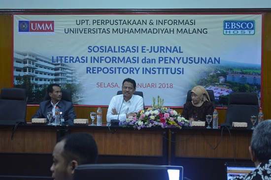 UPT Perpustakaan bekerja sama dengan perwakilan dari Ebsco mengadakan sosialisasi e-Journal, Literasi Informasi, dan Penyusunan Repository Institusi di Aula BAU  tanggal 23 Januari 2018 pukul 09.00-11.30 WIB
